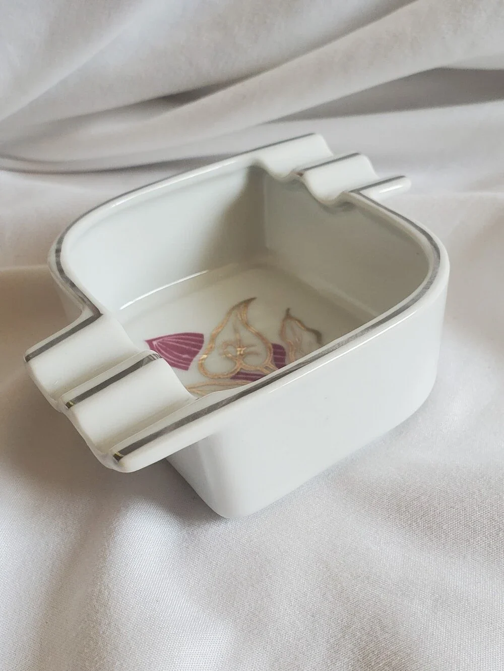 Ucagco China Vintage White Porcelain Ashtray with Gold and Plum Floral Accent